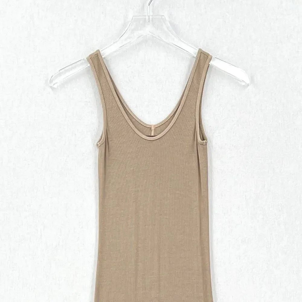 ENZA COSTA Silk Rib Midi Tank Dress Womens XS Tan Tank Quiet Luxury Minimal NEW